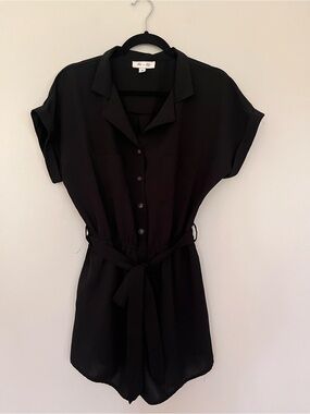 She + Sky Black Collared Button-Front Romper with Waist Tie